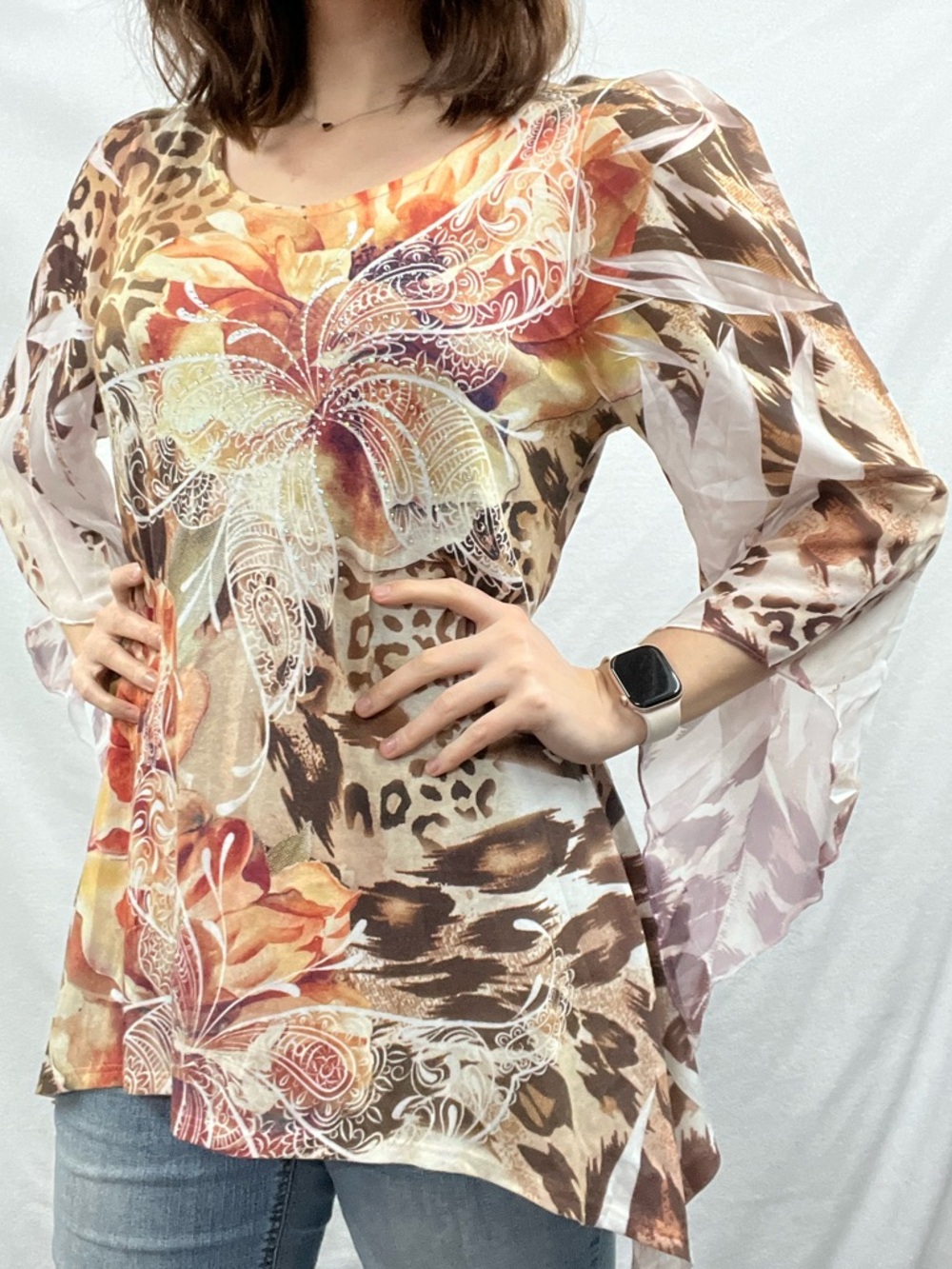 Boho Floral Leopard Bell-Sleeve Tunic in Brown & Orange